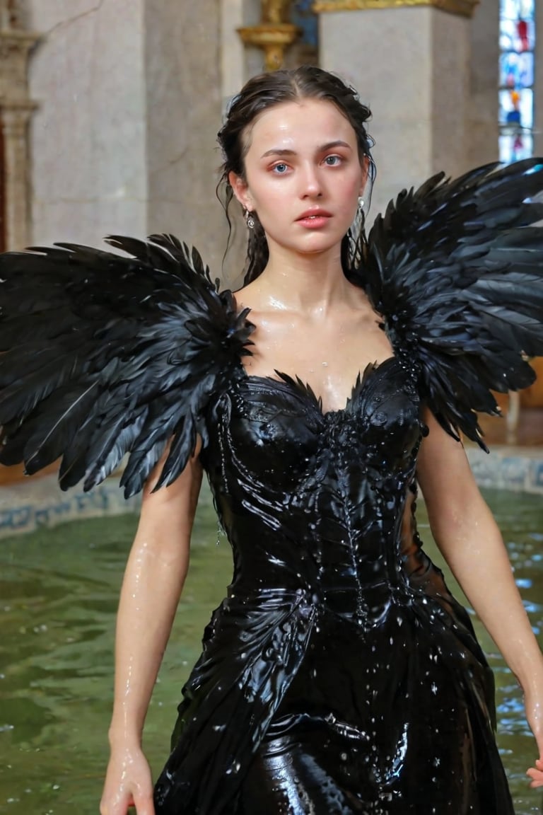 A girl wearing a long black wedding dress, church, baroque style, detailed feathers, huge wings, big scene, super realistic, soakingwetclothes, wet clothes, wet hair, wet skin, wet, soaked , wet face.face focused