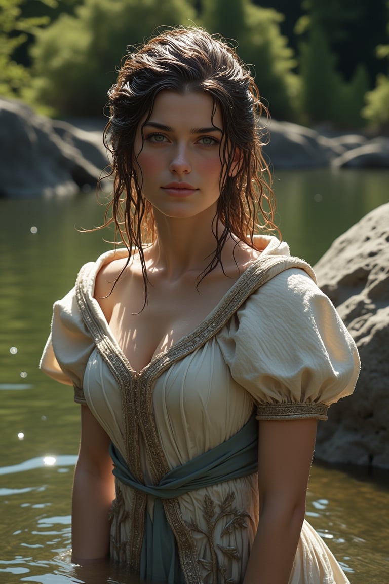 A photo of a 38-year-old medieval Russian princess soaking wet in a river. She has a sensual look on her face while shampooing her hair. She is wearing a princess ballgown with puffed sleeves, covered with a wet royal shawl. The background reveals lush greenery and a rocky terrain. Her body is soaking wet. Her clothes are soaking wet. Her dress is completely wet. Her haor is completely wet,niji style