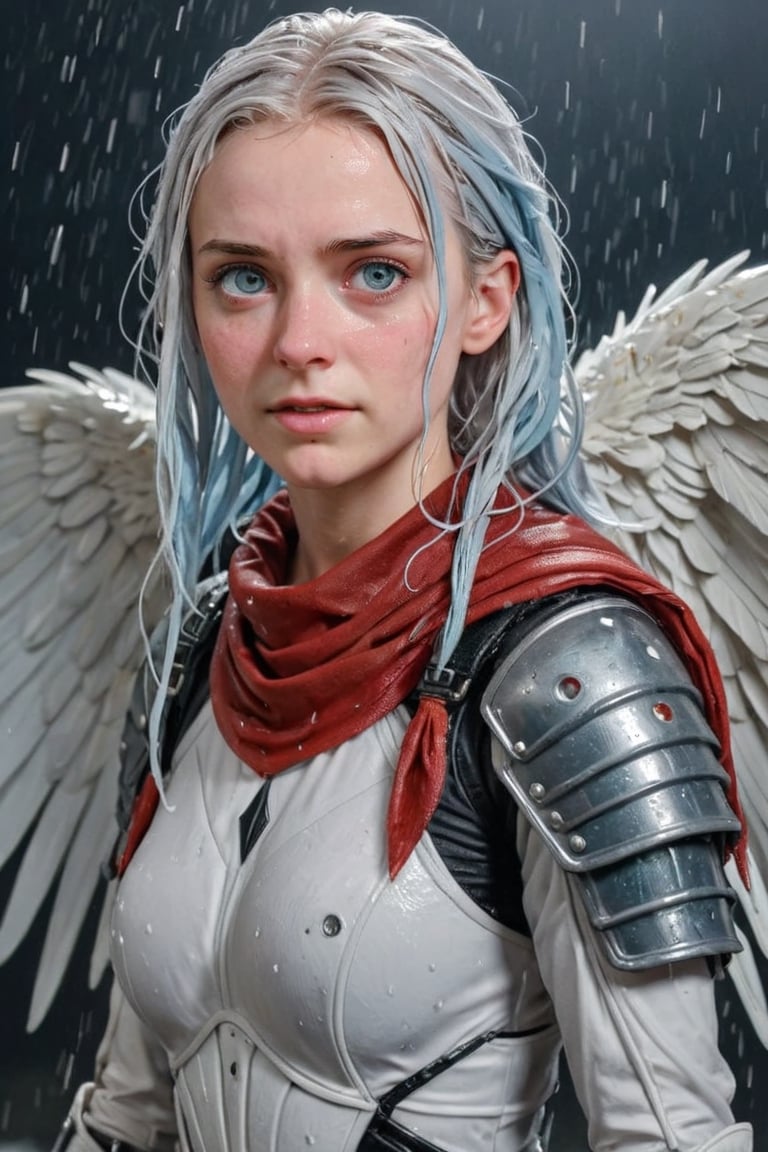 Heavy raining, An concept art of a ethereal wet gothic irish,, 50 mm lens ,,4k,ultra detailed, best quality, masterpiece, 18yo 1girl, ((Full body armor,complex multi-layered cotton armor, cotton scale armor, many complex cotton armor elements, ultra light tight armor, no helmet, insane detail full leg armor)) ((( huge long wings ,1black other is white:1.5)))blue hair,diagonal bangs,french braid,hime_cut,long hair,red neckerchief,canine teeth

 (Beautiful and detailed eyes),
Detailed face, detailed eyes, double eyelids, real hands, ((short hair with long locks:1.2)), ,meteor shower black background,
,,Realistic.,, ,soakingwetclothes, wet clothes, wet hair, wet,,3/4 body image ,wet cloths cling to body