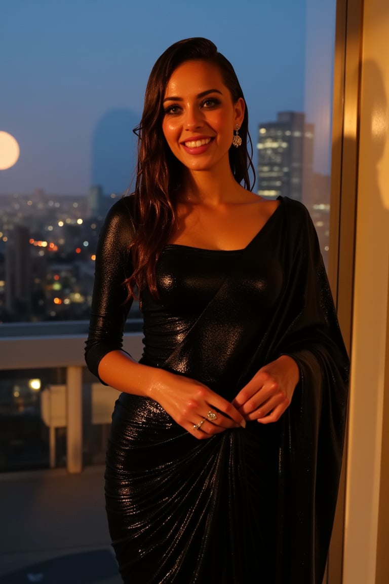 (Wet clothes, wet hair, wet skin:1.2) A sophisticated young woman with an elegant style, attending a high-end rooftop soirée. She is wearing a sleek black traditional saree, full sleeve blouse and, shawl, stiletto heels, and diamond earrings.
The setting is a luxurious rooftop with a panoramic city view, sparkling lights in the background. The camera uses a close-up shot with a 70mm lens, highlighting the elegance of her attire and the shimmering skyline. The lighting is soft and golden, with the warm glow of the sunset reflecting off
her dress. The image is in 6K resolution, capturing the refined details of her outfit and the glamour of the evening event, ek_ph0t0_b00ster
,
,,Realistic.,, ,soakingwetclothes, wet clothes, wet hair, wet,,3/4 body image ,wet cloths cling to body,Wet,covered in oil,covered in mud,wam,wetlook, Fetishwet