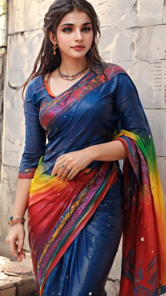 arafed woman in a colorful full sleeve wet saree, graffiti art, antique beautiful a women with madhubani painting, vector art, vibrant colour, beautiful face, good Anotomy,FFIXBG,High detailed ,Color magic, stone texture ,1girl, roujinzhi,Shion face,Saree, wet clothes, wet skin, wet hair, wet face, ,soakingwetclothes,OnlySaree_Style,indian,saree,saree influencer,saree model,realistic,ultra realistic,real face,beautiful