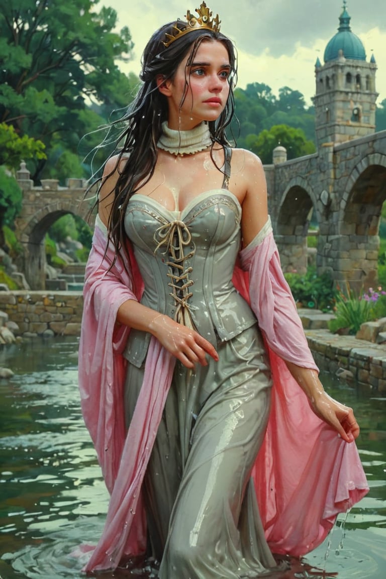 feforrest, otoko no ko, beret, pink capelet,(Analog style),turtleneck, masterpiece, best quality, ((wet robe)), choker,(corset), stone bridge, lake,crown, white ((wet ornate ballgown)), windswept amazing wet long hair,4k,( bokeh),absurdres, professional majestic oil painting by Ed Blinkey, Atey Ghailan, Studio Ghibli, by Jeremy Mann, Greg Manchess, Antonio Moro, trending on ArtStation, trending on CGSociety, trending on deviantart, Intricate, High Detail, Sharp focus, dramatic, photorealistic painting art , Greg Rutkowski,(concept art from tangled),((beautiful faces, soakingwetclothes, wet clothes, wet hair, wet skin, :1.3)),soakingwetclothes,, wet skin, wet face, wet robe,, face focused
,soakingwetclothes,art_booster,indian,OnlySaree_Style,saree,saree influencer