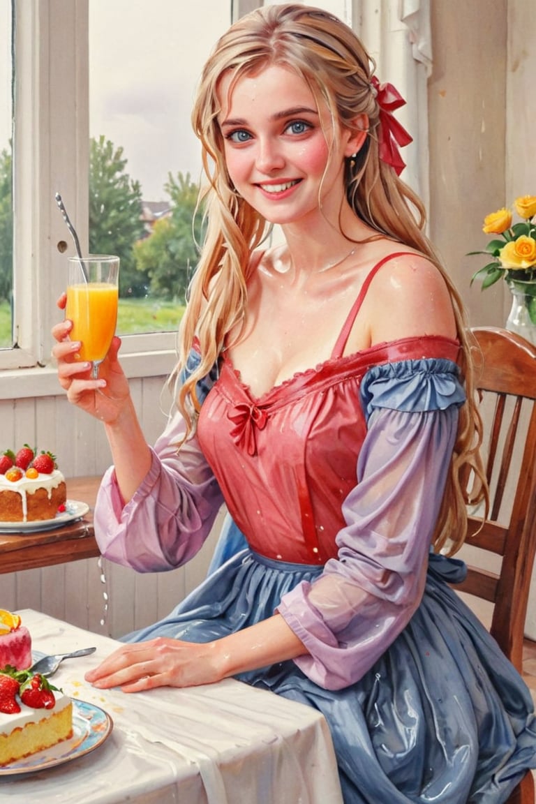 masterpiece, top quality, aesthetic, (watercolor style: 1.7), 1 woman, solo, long hair, looking at viewer, smiling, happy, open mouth, bangs, blue eyes, blonde hair, dress, long sleeves, off-shoulder dress, ribbon, holding, sitting, hair ribbon, , ponytail, :d, heart, frill, food, glass, straw, red ribbon, neck ribbon, fruit, chair, table, holding food, plate, orange juice, cake, strawberry, fork, holding fork,watercolor \(medium\),   wet hair, (), ((wet clothes, victorian ballgown, ,((heavy rain, beautiful faces, soakingwetclothes, wet clothes, wet hair, wet skin, clothes cling to skin,:1.3)),soakingwetclothes,, wet skin, wet face, wet robe,, face focused , soakingwetclothes,art_booster,indian,OnlySaree_Style,,hoopdress,Pakistani dress,saree,saree influencer,saree model