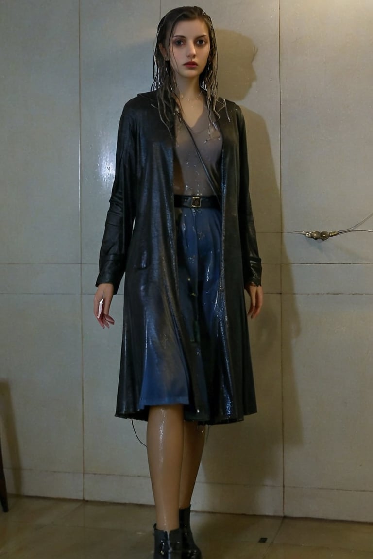 xxmixgirl, 1 woman, detailed face, detailed indoor background, standing in the room, completely wet, wet hair, dramatic lighting by Bill Sienkiewicz, 1940s tight fitting summer longskirt, wool pantyhose, furcoat, boots, wet clothes, heavy rain,tiedbreastsblue, wet clothes, wet hair, wet , ,Pakistani dress