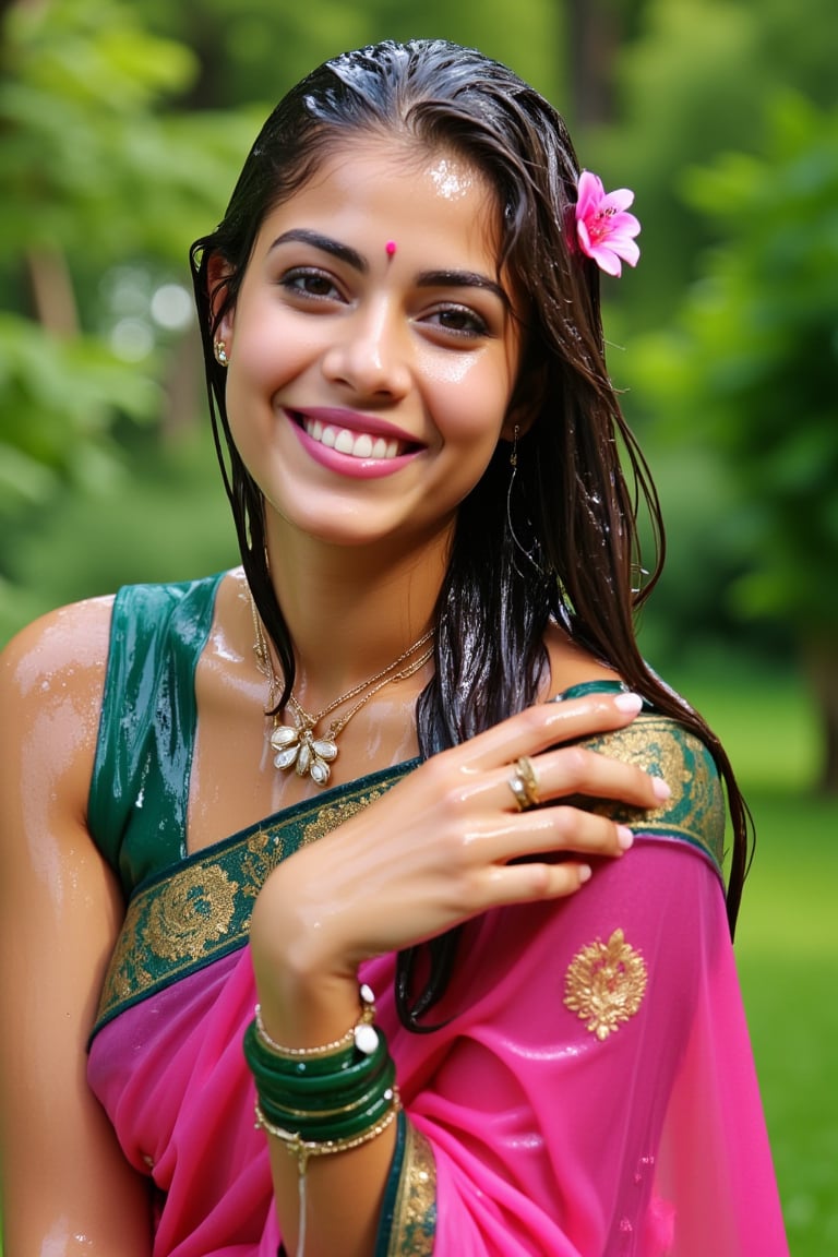 (wet clothes, wet hair, wet face, wet skin, slimed cloth, :1.4)

A soking wet woman smiling while wearing a wet traditional Indian saree. The wet saree is a rich pink color with a teal green border featuring peacock motifs in gold. The wet woman is accessorized with green glass bangles, a gold ring, and a floral necklace. She has long, wavy wet black hair adorned with wet pink flowers on the side. The background is a lush, green outdoor setting with trees and soft natural lighting, creating a serene and vibrant atmosphere.

. 

 Close-up shot, 4K, RAW, masterpiece, soakingwetclothes, wetlook, high definition, luxury wet fashion photography, professional news studio atmosphere.,Fetishwet,Enhanced all,Wetfetish