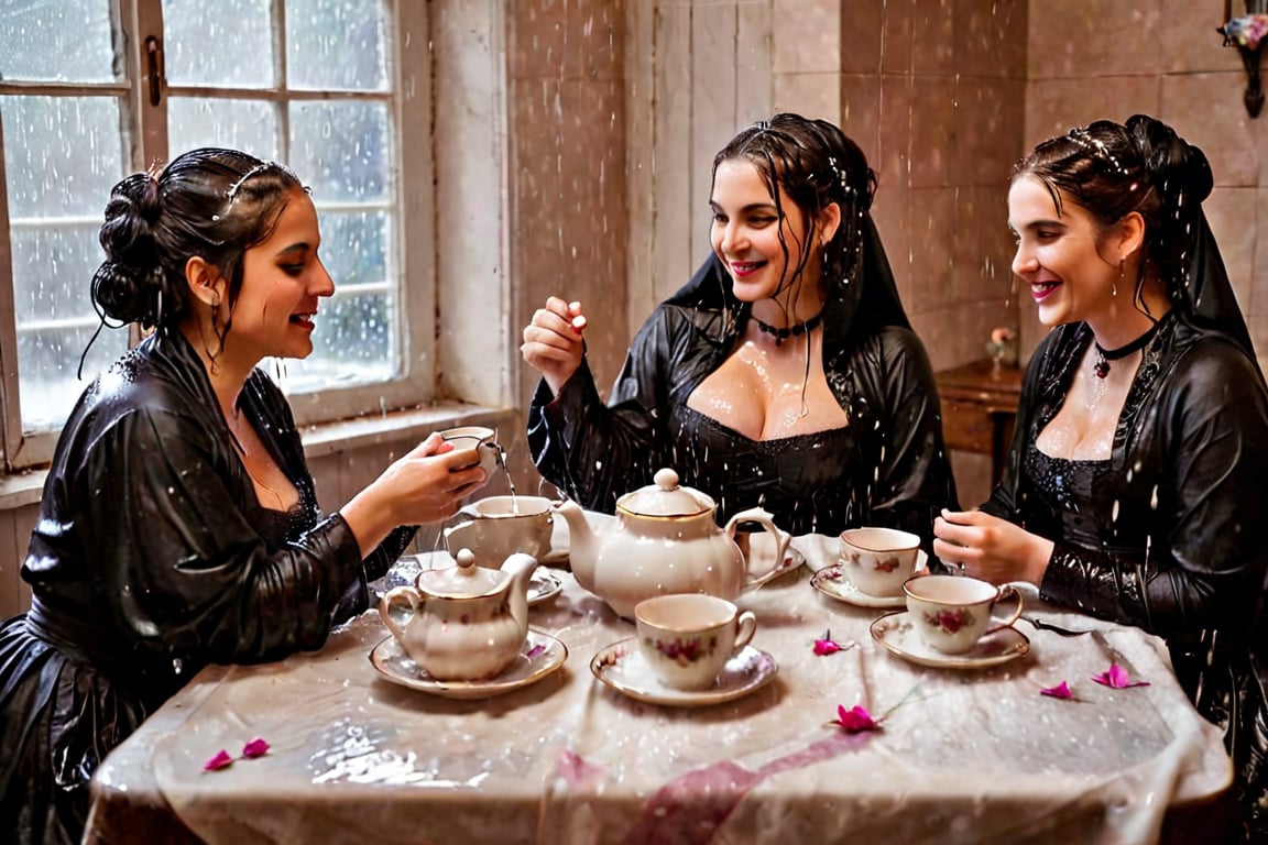 Captured in a single take with a real 50mm lens, this stunning photo showcases four women gathered for an indoor tea party amidst a torrential downpour. Donning gothic peasant dresses and winter shawls, they sit amidst the chaos, their faces aglow as they engage in conversation over steaming cups and saucers. Water-drenched hair clings to their skin as oil glistens on wet clothes, while phones lay scattered around them, forgotten in the midst of laughter and connection. Each woman's face is a masterpiece, with beautiful detailed eyes, lips, and features that seem almost three-dimensional. Long eyelashes frame their gaze, which shines softly against the serene expression, like a work of art come to life. Every fold of their clothing, every glint of jewelry, and every detail of the background seems meticulously crafted, as if plucked from a painter's canvas. (((wet clothes, wet hair, wet skin, wet, soaked, clothes cling to skin:1.2)),soakingwetclothes