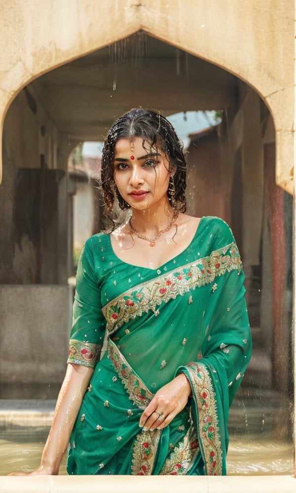 a woman in a purple saree drenching in rain for a picture, actress, glam, of indian princess, indian super model, by Max Dauthendey, leaked image, edited, inspired by T. K. Padmini, stylish pose, jaw-dropping beauty, stunning beautiful, stunning elegant pose, very attractive and beautiful, posing elegantly over the camera, ((wet clothes, wet hair, bathing in water, face focused, skin pores, saree, wet saree, blouse))

,wet hair,SoakingWetClothes,Detailedface