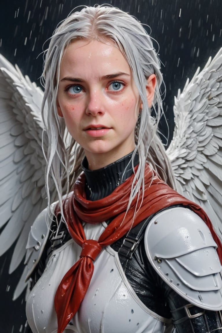 Heavy raining, An concept art of a ethereal wet gothic irish,, 50 mm lens ,,4k,ultra detailed, best quality, masterpiece, 18yo 1girl, ((Full body armor,complex multi-layered cotton armor, cotton scale armor, many complex cotton armor elements, ultra light tight armor, no helmet, insane detail full leg armor)) ((( huge long wings ,1black other is white:1.5)))blue hair,diagonal bangs,french braid,hime_cut,long hair,red neckerchief,canine teeth

 (Beautiful and detailed eyes),
Detailed face, detailed eyes, double eyelids, real hands, ((short hair with long locks:1.2)), ,meteor shower black background,
,,Realistic.,, ,soakingwetclothes, wet clothes, wet hair, wet,,3/4 body image ,wet cloths cling to body