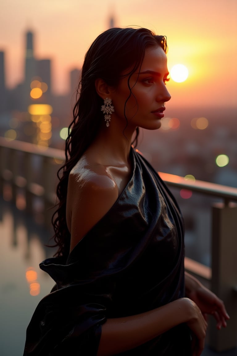 (Wet clothes, wet hair, wet skin:1.2) A sophisticated young woman with an elegant style, attending a high-end rooftop soirée. She is wearing a sleek black traditional saree, full sleeve blouse and, shawl, stiletto heels, and diamond earrings.
The setting is a luxurious rooftop with a panoramic city view, sparkling lights in the background. The camera uses a close-up shot with a 70mm lens, highlighting the elegance of her attire and the shimmering skyline. The lighting is soft and golden, with the warm glow of the sunset reflecting off
her dress. The image is in 6K resolution, capturing the refined details of her outfit and the glamour of the evening event, ek_ph0t0_b00ster
,
,,Realistic.,, ,soakingwetclothes, wet clothes, wet hair, wet,,3/4 body image ,wet cloths cling to body,Wet,covered in oil,covered in mud,wam,wetlook, Fetishwet