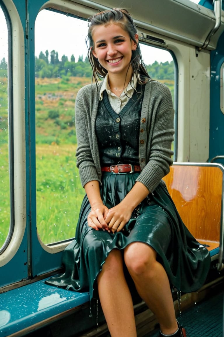 A emo girl, sitting in the train with spred legs and a window behind her, rushhour public, completly soaked wet, wool wool cardigan, belt, longskirt,, wet hair, smile, soakingwetclothes, wet clothes, wet, soaked