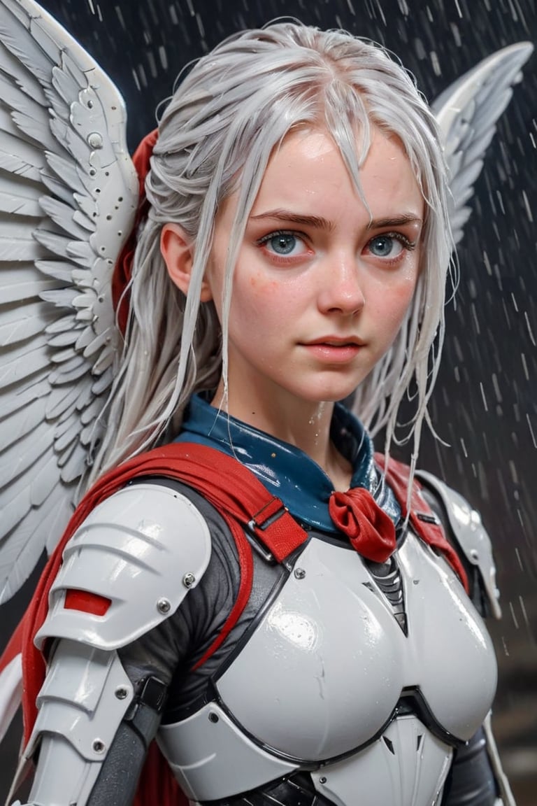 Heavy raining, An concept art of a ethereal wet gothic irish,, 50 mm lens ,,4k,ultra detailed, best quality, masterpiece, 18yo 1girl, ((Full body armor,complex multi-layered mecha armor, scale armor, many complex armor elements, ultra light tight armor, no helmet, insane detail full leg armor)) ((( huge long wings ,1black other is white:1.5)))blue hair,diagonal bangs,french braid,hime_cut,long hair,red neckerchief,canine teeth

 (Beautiful and detailed eyes),
Detailed face, detailed eyes, double eyelids, real hands, ((short hair with long locks:1.2)), ,meteor shower black background,
,,Realistic.,, ,soakingwetclothes, wet clothes, wet hair, wet,,3/4 body image ,wet cloths cling to body