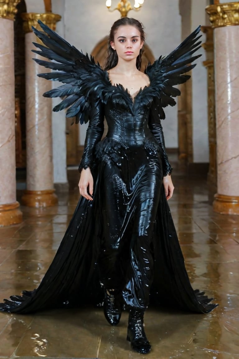 A girl wearing a long black wedding dress, church, baroque style, detailed feathers, huge wings, full body, big scene, super realistic, boots , soakingwetclothes, wet clothes, wet hair, wet skin, wet, soaked , wet face.face focused