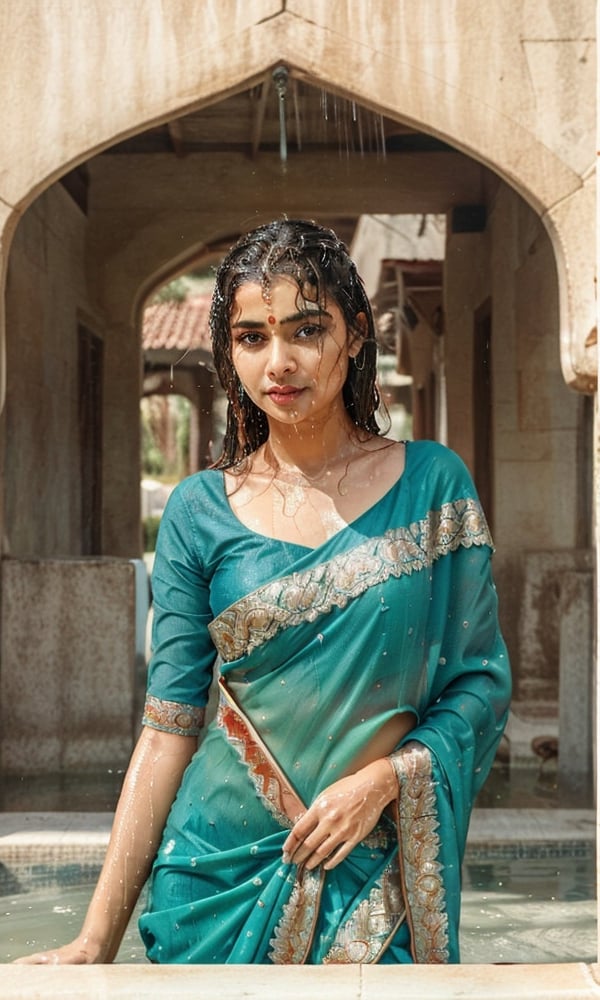 a woman in a purple saree drenching in rain for a picture, actress, glam, of indian princess, indian super model, by Max Dauthendey, leaked image, edited, inspired by T. K. Padmini, stylish pose, jaw-dropping beauty, stunning beautiful, stunning elegant pose, very attractive and beautiful, posing elegantly over the camera, ((wet clothes, wet hair, bathing in water, face focused, skin pores, saree, wet saree, blouse))

,wet hair,SoakingWetClothes,Detailedface