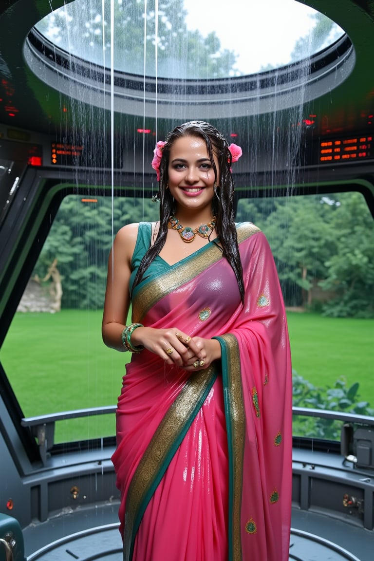 (wet clothes, wet hair, wet face, wet skin, slimed cloth, :1.4)

A smiling Norwegian woman is wearing a traditional Indian saree, completely soaked by the rain. The rich pink saree with a teal green border adorned with golden peacock motifs clings to her as she stands confidently in an otherworldly setting. She has draped the saree over her left shoulder and wrapped it around her right, holding it tightly. Her accessories include green glass bangles, a gold ring, and a floral necklace. Her long, wavy black hair, wet and adorned with pink flowers, adds to the surreal atmosphere. The background is a mix of a lush, green outdoor environment with trees, and the deck of a futuristic spaceship filled with advanced control panels and holographic displays. Rain pours from an open hatch above, soaking both her and the intricate fabric. The wet saree clings to her form, while the vibrant natural setting contrasts with the futuristic spaceship. Rainwater drips onto the sleek metal floor, emphasizing the fusion of traditional and high-tech elements, creating an elegant, surreal atmosphere

. 

 Close-up shot, 4K, RAW, masterpiece, soakingwetclothes, wetlook, high definition, luxury wet fashion photography, professional news studio atmosphere.,Fetishwet,Enhanced all,Wetfetish