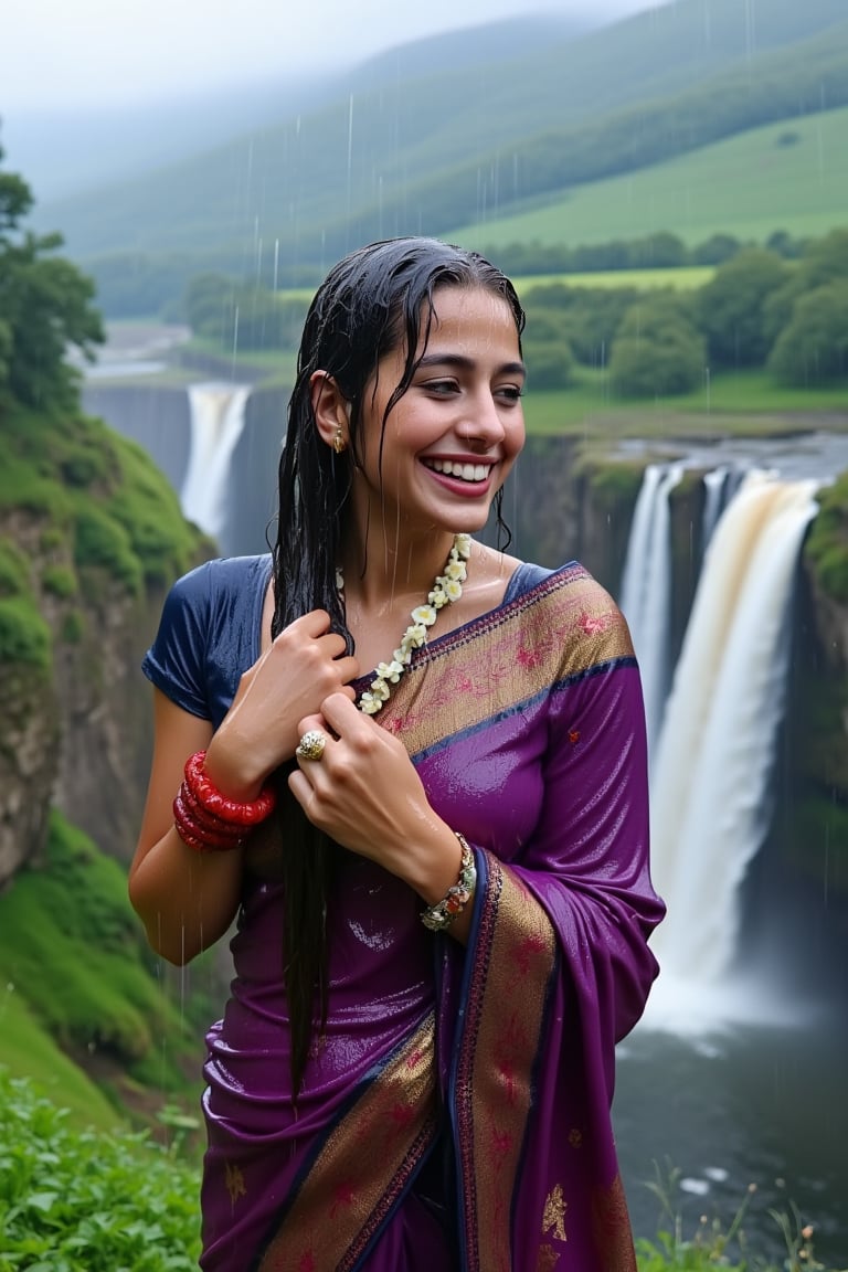 (wet clothes, wet hair, wet face, wet skin, slimed cloth, :1.4)

A smiling Norwegian woman is wearing a traditional Kanjivaram silk saree, completely drenched by the rain, as she stands at the edge of a majestic cliff, overlooking a roaring waterfall. The saree is a deep violet with an ornate gold border featuring lotus motifs. She has draped the saree over her left shoulder and wrapped it tightly around her right shoulder, holding it firmly as the wind sweeps through. Her accessories include red glass bangles, a gold ring, and a jasmine garland necklace, with her long, wet black hair adorned with jasmine flowers, blowing gently in the breeze. Behind her, the powerful waterfall cascades down into a misty valley, surrounded by lush greenery and towering mountains. Rain pours down continuously, soaking both her and the landscape, with the wet saree clinging to her form and accentuating its rich, intricate designs. The dramatic lighting enhances the natural beauty of the scene, while the roar of the waterfall and the misty air create a sense of awe and serenity..

. 

 Close-up shot, 4K, RAW, masterpiece, soakingwetclothes, wetlook, high definition, luxury wet fashion photography, professional news studio atmosphere.,Fetishwet,Enhanced all,Wetfetish