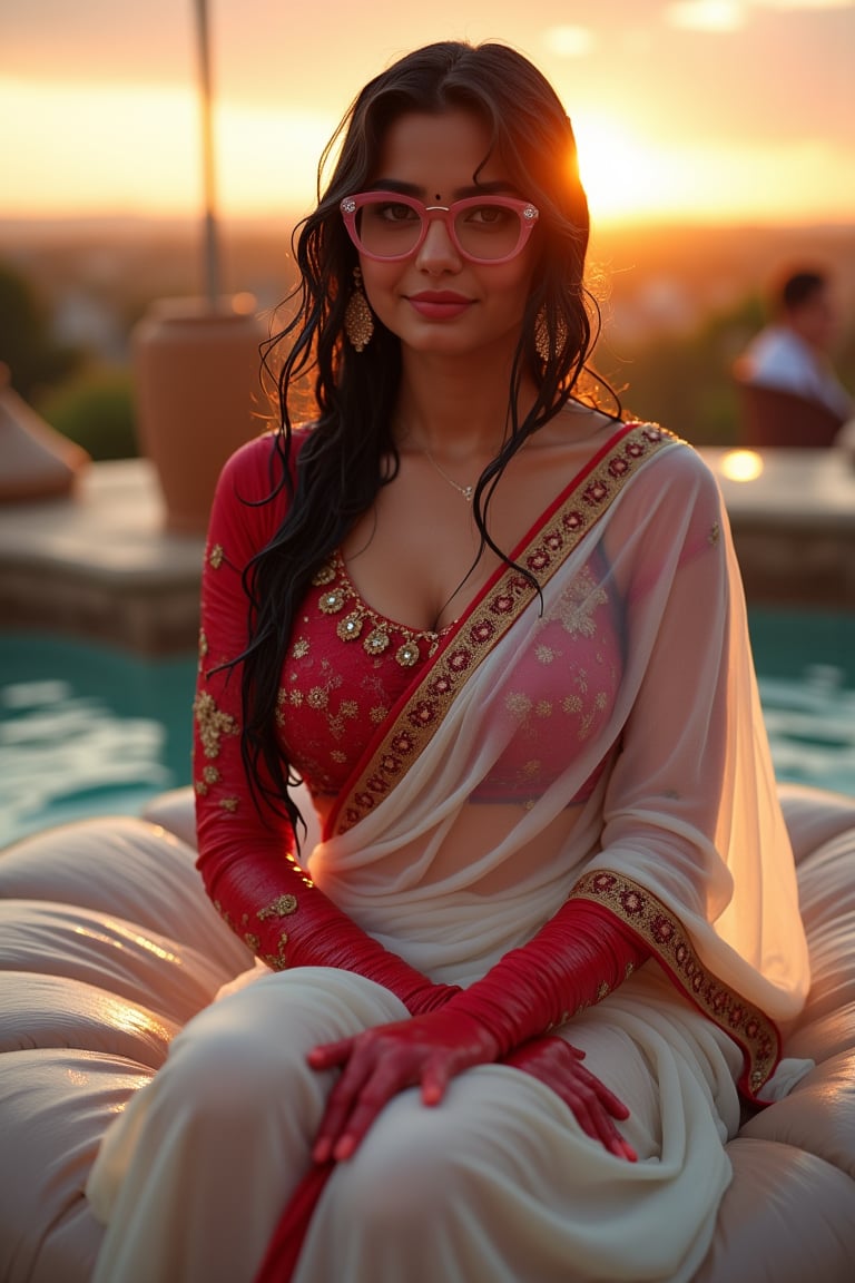 (Wet clothes, wet hair, wet skin:1.2) Capture an enchanting image of a soaking wet cute girl seated gracefully on an oversized, plush cushion. Her outfit is quintessential wet sleek white traditional saree with red embroidery, wet long sleeve embroidery blouse and, wet red embroidery shawl, stiletto heels, and diamond earrings. . She wears pink-rimmed glasses that add a touch of whimsy to her look. Her ensemble includes wet hair paired with delicate black lace wet gloves, and she completes the look with stylish.

. The camera uses a close-up shot with a 70mm lens, highlighting the elegance of her attire and the shimmering skyline. The lighting is soft and golden, with the warm glow of the sunset reflecting off
her dress. The image is in 6K resolution, capturing the refined details of her outfit and the glamour of the evening event, ek_ph0t0_b00ster
,
,,Realistic.,, ,soakingwetclothes, wet clothes, wet hair, wet,,3/4 body image ,wet cloths cling to body,Wet,covered in oil,covered in mud,wam,wetlook, Fetishwet