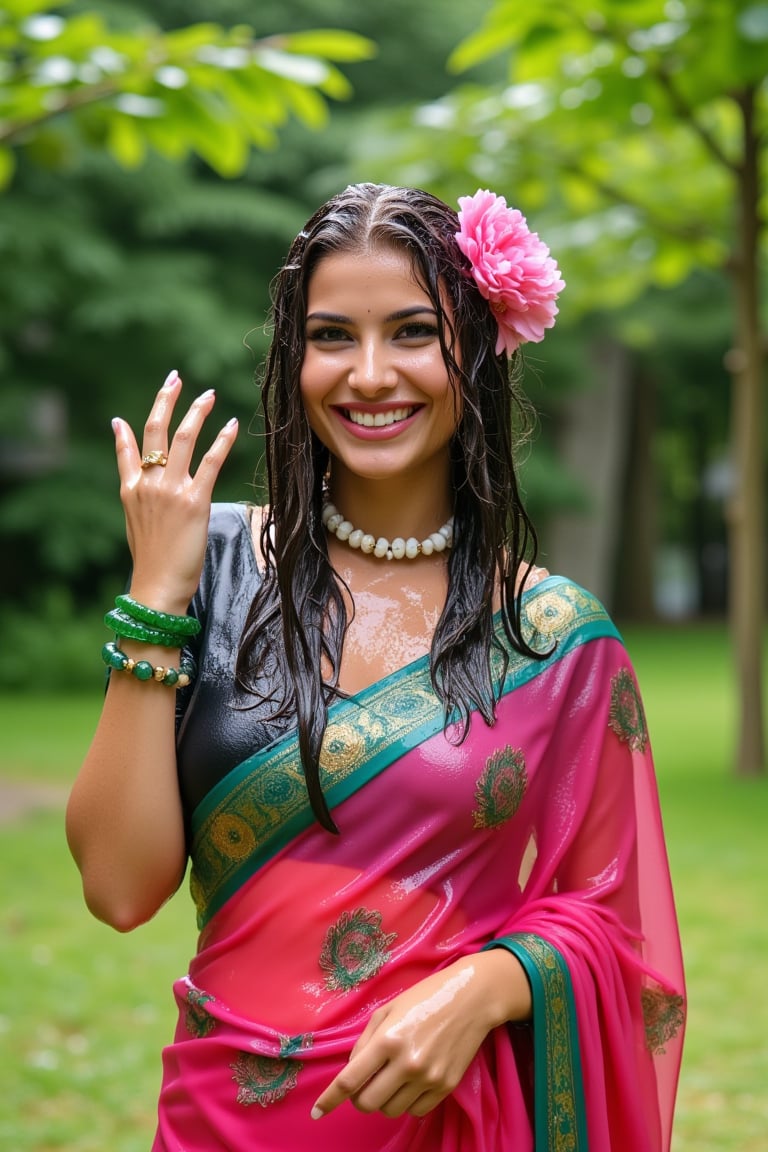 (wet clothes, wet hair, wet face, wet skin, slimed cloth, :1.4)

A soking wet woman smiling while wearing a wet traditional Indian saree. The wet saree is a rich pink color with a teal green border featuring peacock motifs in gold. The wet woman is accessorized with green glass bangles, a gold ring, and a floral necklace. She has long, wavy wet black hair adorned with wet pink flowers on the side. The background is a lush, green outdoor setting with trees and soft natural lighting, creating a serene and vibrant atmosphere.

. 

 Close-up shot, 4K, RAW, masterpiece, soakingwetclothes, wetlook, high definition, luxury wet fashion photography, professional news studio atmosphere.,Fetishwet,Enhanced all,Wetfetish