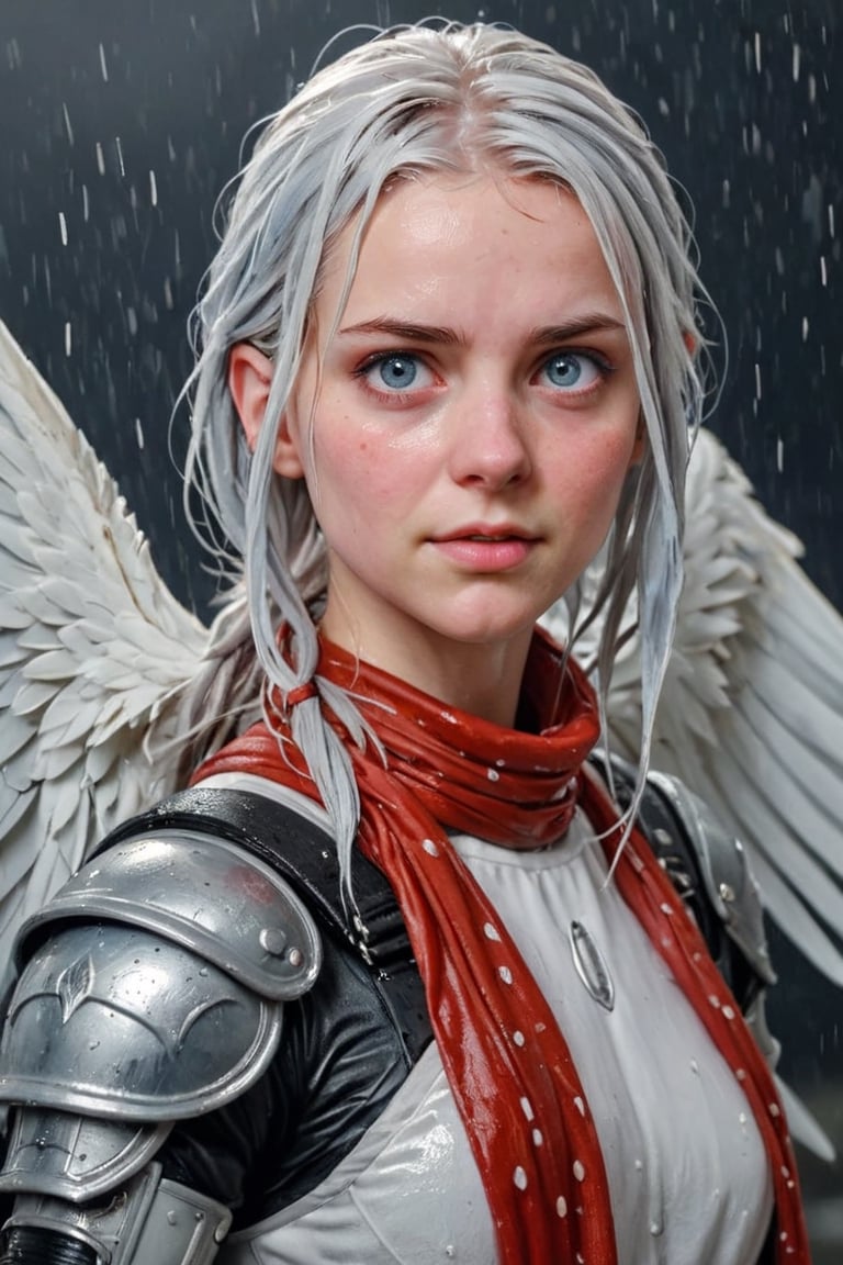 Heavy raining, An concept art of a ethereal wet gothic irish,, 50 mm lens ,,4k,ultra detailed, best quality, masterpiece, 18yo 1girl, ((Full body armor,complex multi-layered cotton armor, cotton scale armor, many complex cotton armor elements, ultra light tight armor, no helmet, insane detail full leg armor)) ((( huge long wings ,1black other is white:1.5)))blue hair,diagonal bangs,french braid,hime_cut,long hair,red neckerchief,canine teeth

 (Beautiful and detailed eyes),
Detailed face, detailed eyes, double eyelids, real hands, ((short hair with long locks:1.2)), ,meteor shower black background,
,,Realistic.,, ,soakingwetclothes, wet clothes, wet hair, wet,,3/4 body image ,wet cloths cling to body