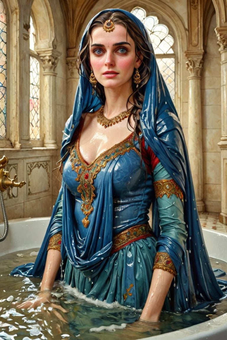 masterpiece, best quality, ultra high resolution, visually stunning, beautiful, award-winning art (abstract art: 1.3), beautiful )))A FULL-LENGTH very detalied full leghn , A anime a very beutifful female medieval warhammer style noble smile,, Watercolor, trending on artstation, sharp focus, Indoor photo, white tiles background, intricate details, highly detailed, by greg rutkowski ,more detail XL, shawl,   wet hair, (bathing in royal bathroom), ((wet clothes, victorian ballgown, ,((heavy rain, beautiful faces, soakingwetclothes, wet clothes, wet hair, wet skin, clothes cling to skin, submerged in tub:1.3)),soakingwetclothes,, wet skin, wet face, wet robe,, face focused , soakingwetclothes,art_booster,indian,OnlySaree_Style,,hoopdress,Pakistani dress,saree,saree influencer,saree model