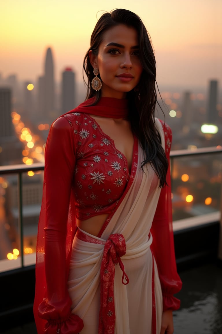 (Wet clothes, wet hair, wet skin:1.2) A sophisticated young woman with an elegant style, attending a high-end rooftop soirée. She is wearing a sleek white traditional saree with red embroidery, long sleeve embroidery blouse and, red shawl, stiletto heels, and diamond earrings.
The setting is a luxurious rooftop with a panoramic city view, sparkling lights in the background. The camera uses a close-up shot with a 70mm lens, highlighting the elegance of her attire and the shimmering skyline. The lighting is soft and golden, with the warm glow of the sunset reflecting off
her dress. The image is in 6K resolution, capturing the refined details of her outfit and the glamour of the evening event, ek_ph0t0_b00ster
,
,,Realistic.,, ,soakingwetclothes, wet clothes, wet hair, wet,,3/4 body image ,wet cloths cling to body,Wet,covered in oil,covered in mud,wam,wetlook, Fetishwet