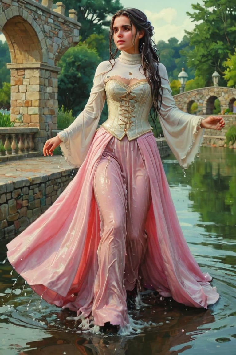 feforrest, otoko no ko, beret, pink capelet,(Analog style),turtleneck, masterpiece, best quality, ((wet robe)), choker,(corset), stone bridge, lake,crown, white ((wet ornate ballgown)), windswept amazing wet long hair,4k,( bokeh),absurdres, professional majestic oil painting by Ed Blinkey, Atey Ghailan, Studio Ghibli, by Jeremy Mann, Greg Manchess, Antonio Moro, trending on ArtStation, trending on CGSociety, trending on deviantart, Intricate, High Detail, Sharp focus, dramatic, photorealistic painting art , Greg Rutkowski,(concept art from tangled),((beautiful faces, soakingwetclothes, wet clothes, wet hair, wet skin, :1.3)),soakingwetclothes,, wet skin, wet face, wet ballgown, boots, wet robe, layered longskirt, face focused
,soakingwetclothes,art_booster,indian,OnlySaree_Style,saree,saree influencer