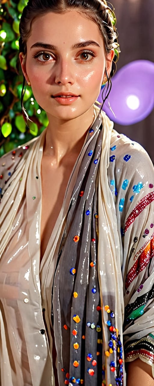 (best quality,8K,highres,masterpiece,raw image), ultra-detailed, featuring a beautiful young wet woman adorned in a realistic detailed wet designer  dress shirts shawl that emits a soft, ethereal light. Her flowy black chignon wet hair appears to be infused with the same radiant wet glow. eye contact,kind wet smile, lipgloss, The well lit backdrop consists of glowing grapes, colorful,colorful,soakingwetclothes,Pakistani dress