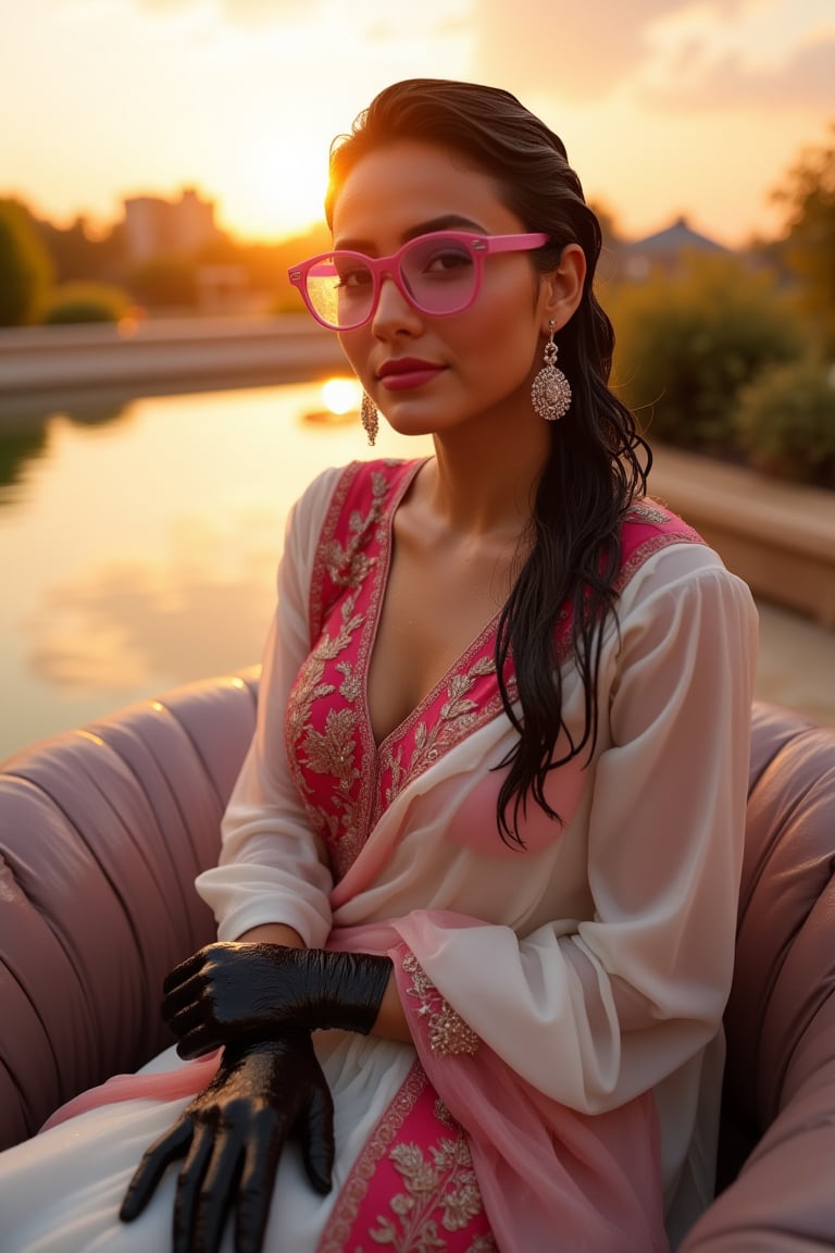 (Wet clothes, wet hair, wet skin:1.2) Capture an enchanting image of a soaking wet cute girl seated gracefully on an oversized, plush cushion. Her outfit is quintessential wet sleek white traditional saree with red embroidery, wet long sleeve embroidery blouse and, wet red embroidery shawl, stiletto heels, and diamond earrings. . She wears pink-rimmed glasses that add a touch of whimsy to her look. Her ensemble includes wet hair paired with delicate black lace wet gloves, and she completes the look with stylish.

. The camera uses a close-up shot with a 70mm lens, highlighting the elegance of her attire and the shimmering skyline. The lighting is soft and golden, with the warm glow of the sunset reflecting off
her dress. The image is in 6K resolution, capturing the refined details of her outfit and the glamour of the evening event, ek_ph0t0_b00ster
,
,,Realistic.,, ,soakingwetclothes, wet clothes, wet hair, wet,,3/4 body image ,wet cloths cling to body,Wet,covered in oil,covered in mud,wam,wetlook, Fetishwet