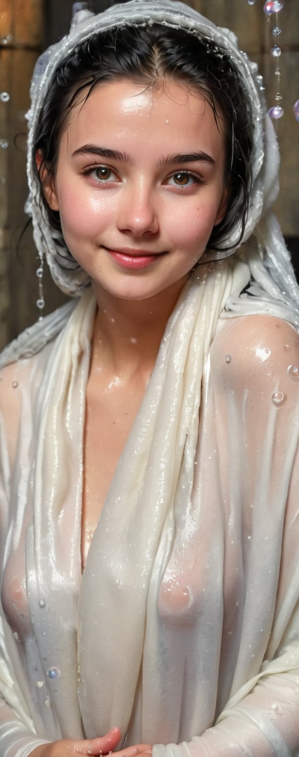 a cute young wet woman, her wet cat, digital painting, flawless soft wet skin,highly detailed wet face,wet black hair, kind smile,friendly,bliss,wearing a wet cozy shawl and scarf,bubbles,dark background,warm vibes, ultra realistic,soakingwetclothes,bridal gown