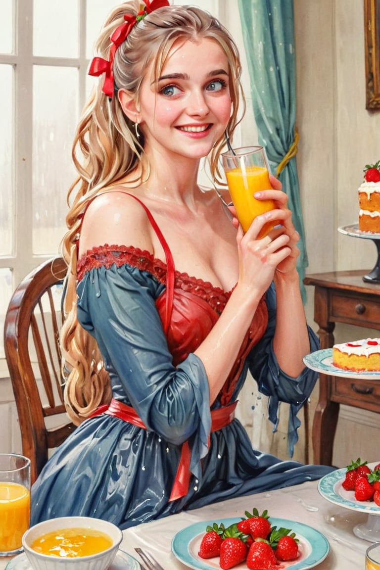 masterpiece, top quality, aesthetic, (watercolor style: 1.7), 1 woman, solo, long hair, looking at viewer, smiling, happy, open mouth, bangs, blue eyes, blonde hair, dress, long sleeves, off-shoulder dress, ribbon, holding, sitting, hair ribbon, , ponytail, :d, heart, frill, food, glass, straw, red ribbon, neck ribbon, fruit, chair, table, holding food, plate, orange juice, cake, strawberry, fork, holding fork,watercolor \(medium\),   wet hair, (), ((wet clothes, victorian ballgown, ,((heavy rain, beautiful faces, soakingwetclothes, wet clothes, wet hair, wet skin, clothes cling to skin, drapped with wet shawl:1.3)),soakingwetclothes,, wet skin, wet face, wet robe,, face focused , soakingwetclothes,art_booster,indian,OnlySaree_Style,,hoopdress,Pakistani dress,saree,saree influencer,saree model