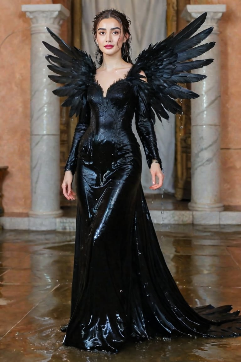 A girl wearing a long black wedding dress, church, baroque style, detailed feathers, huge wings, full body, big scene, super realistic,soakingwetclothes, wet clothes, wet hair, wet skin, wet, soaked , wet face.face focused