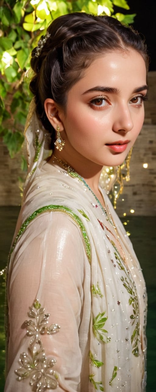 (best quality,8K,highres,masterpiece,raw image), ultra-detailed, featuring a beautiful young wet woman adorned in a realistic detailed wet long embroidery designer  dress shirts shawl that emits a soft, ethereal light. Her flowy black chignon wet hair appears to be infused with the same radiant wet glow. eye contact,kind wet smile, lipgloss, The well lit backdrop consists of glowing grapes, in water, colorful,colorful,soakingwetclothes,Pakistani dress