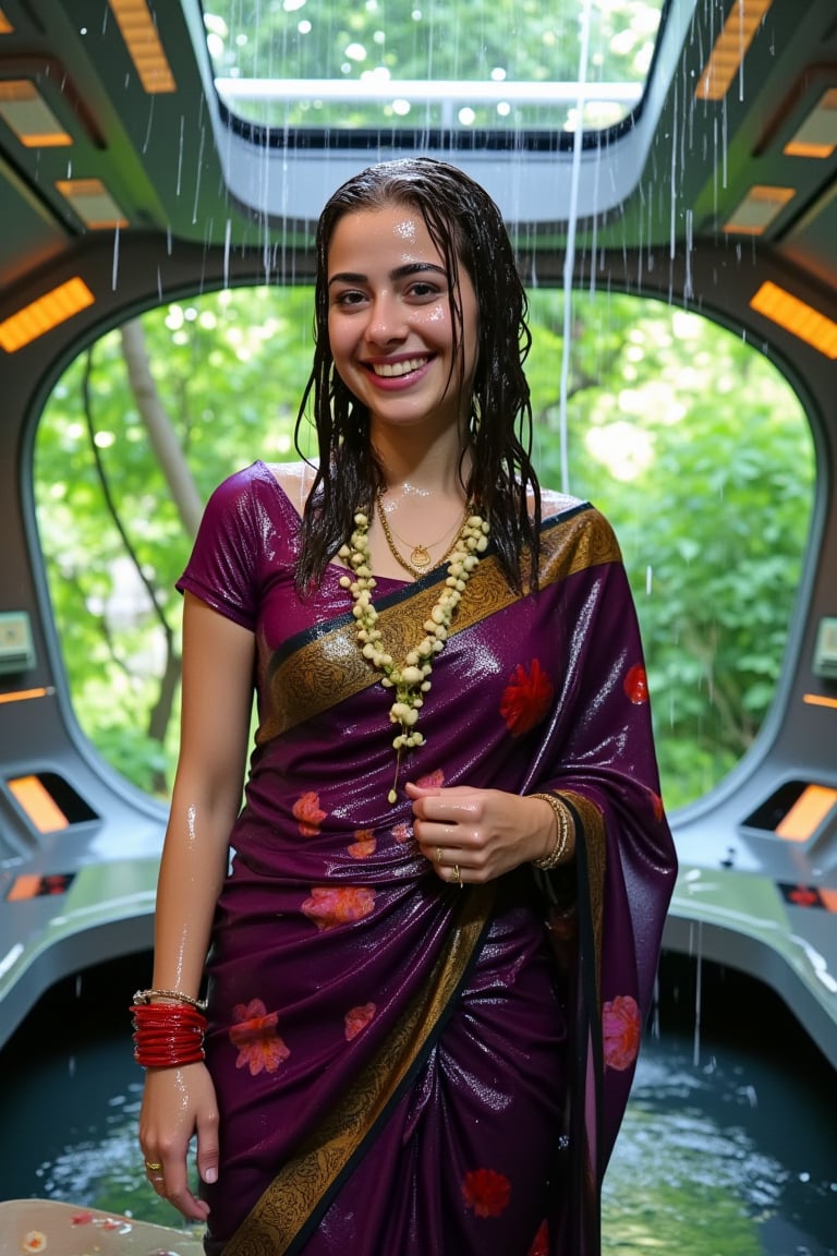 (wet clothes, wet hair, wet face, wet skin, slimed cloth, :1.4)

A smiling Norwegian woman is wearing a traditional Kanjivaram silk saree, now completely drenched by the rain. The saree is a deep violet with an ornate gold border depicting lotus motifs, and it clings to her form as she stands confidently. She has draped the saree over her left shoulder and wrapped it tightly around her right shoulder. Her accessories include red glass bangles, a gold ring, and a jasmine garland necklace. Her long, wavy black hair, wet and adorned with jasmine flowers, adds to the surreal atmosphere. The background blends a lush green garden with trees and soft natural light with the deck of a futuristic spaceship, surrounded by advanced control panels and holographic displays. Rain pours from an open hatch above, soaking her and the intricate fabric. The wet silk saree clings to her body, accentuating its fine texture, while the serene natural setting contrasts with the sleek high-tech spacecraft. Rainwater drips onto the polished floor, highlighting the harmony between tradition and modernity in this vivid, surreal scene.

. 

 Close-up shot, 4K, RAW, masterpiece, soakingwetclothes, wetlook, high definition, luxury wet fashion photography, professional news studio atmosphere.,Fetishwet,Enhanced all,Wetfetish