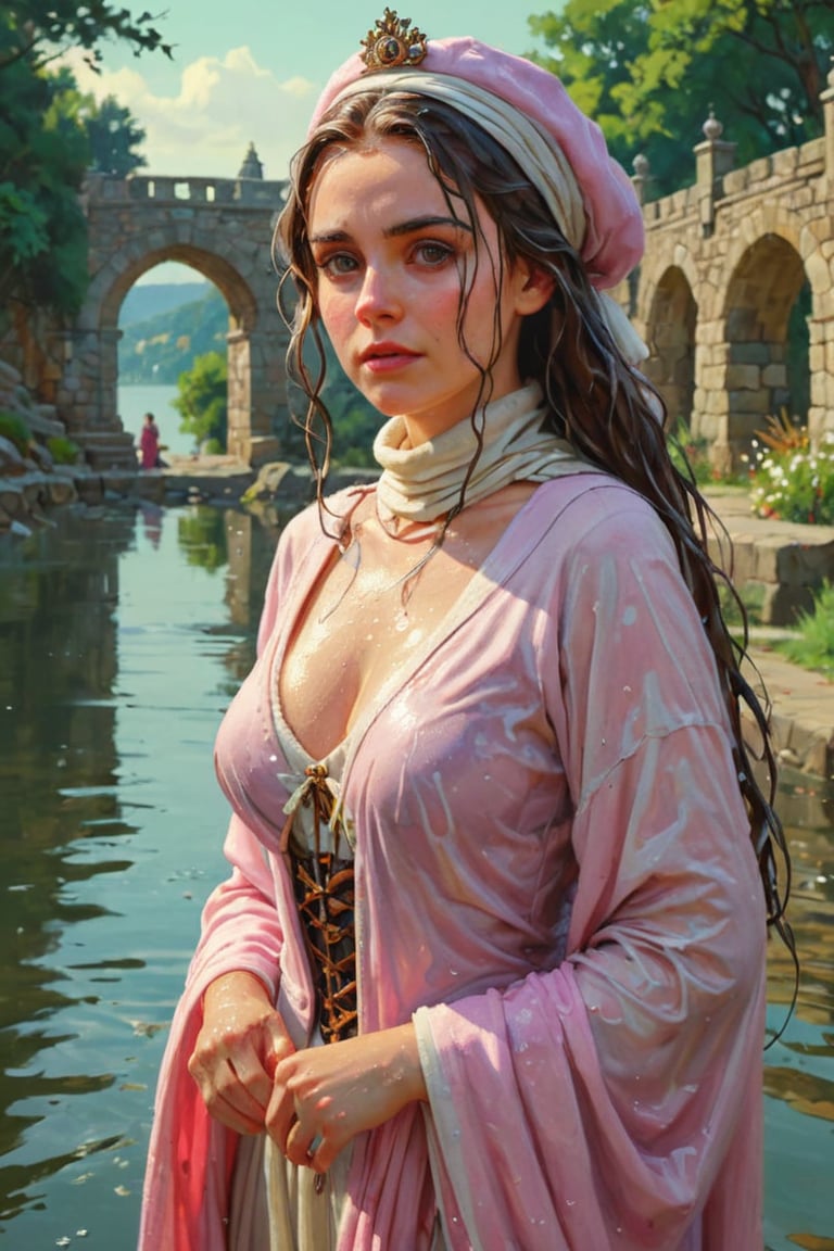 feforrest, otoko no ko, beret, pink capelet,(Analog style),turtleneck, masterpiece, best quality, ((wet robe)), choker,(corset), stone bridge, lake,crown, white ((wet ornate ballgown)), windswept amazing wet long hair,4k,( bokeh),absurdres, professional majestic oil painting by Ed Blinkey, Atey Ghailan, Studio Ghibli, by Jeremy Mann, Greg Manchess, Antonio Moro, trending on ArtStation, trending on CGSociety, trending on deviantart, Intricate, High Detail, Sharp focus, dramatic, photorealistic painting art , Greg Rutkowski,(concept art from tangled),((beautiful faces, soakingwetclothes, wet clothes, wet hair, wet skin, :1.3)),soakingwetclothes,, wet skin, wet face, wet robe,, face focused
,soakingwetclothes,art_booster,indian,OnlySaree_Style,saree,saree influencer