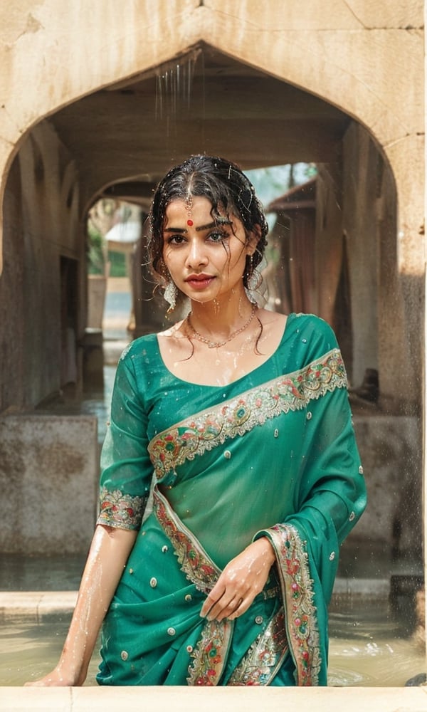 a woman in a purple saree drenching in rain for a picture, actress, glam, of indian princess, indian super model, by Max Dauthendey, leaked image, edited, inspired by T. K. Padmini, stylish pose, jaw-dropping beauty, stunning beautiful, stunning elegant pose, very attractive and beautiful, posing elegantly over the camera, ((wet clothes, wet hair, bathing in water, face focused, skin pores, saree, wet saree, blouse))

,wet hair,SoakingWetClothes,Detailedface