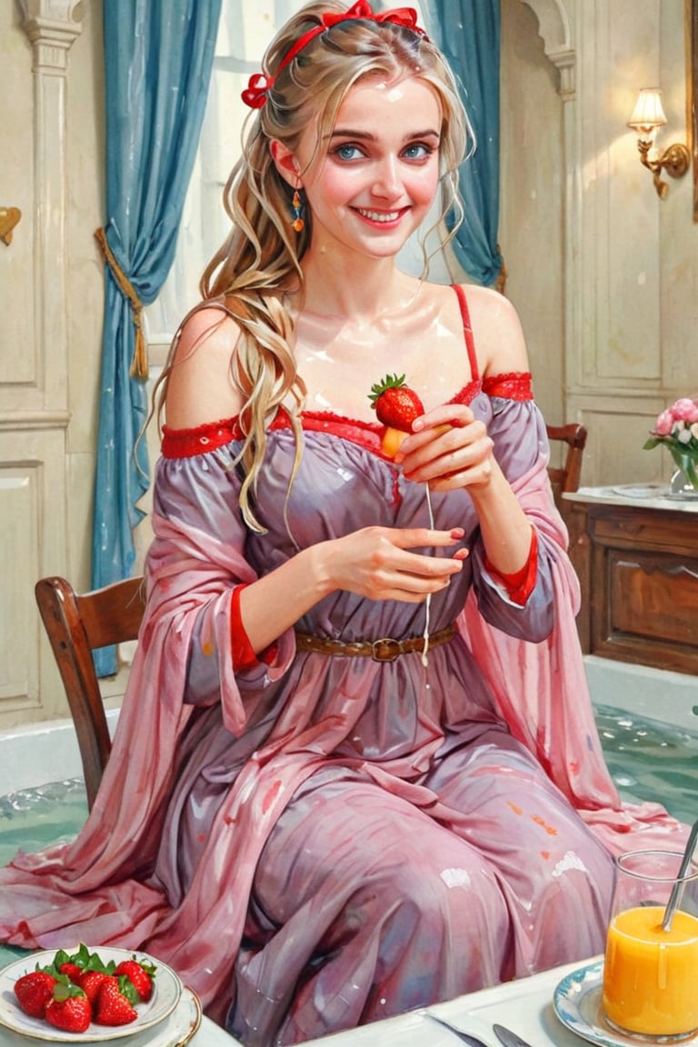 masterpiece, top quality, aesthetic, (watercolor style: 1.7), 1 woman, solo, long hair, looking at viewer, smiling, happy, open mouth, bangs, blue eyes, blonde hair, dress, long sleeves, off-shoulder dress, ribbon, holding, sitting, hair ribbon, , ponytail, :d, heart, frill, food, glass, straw, red ribbon, neck ribbon, fruit, chair, table, holding food, plate, orange juice, cake, strawberry, fork, holding fork,watercolor \(medium\),   wet hair, (bathing in royal bathroom), ((wet clothes, victorian ballgown, ,((heavy rain, beautiful faces, soakingwetclothes, wet clothes, wet hair, wet skin, clothes cling to skin,:1.3)),soakingwetclothes,, wet skin, wet face, wet robe,, face focused , soakingwetclothes,art_booster,indian,OnlySaree_Style,,hoopdress,Pakistani dress,saree,saree influencer,saree model