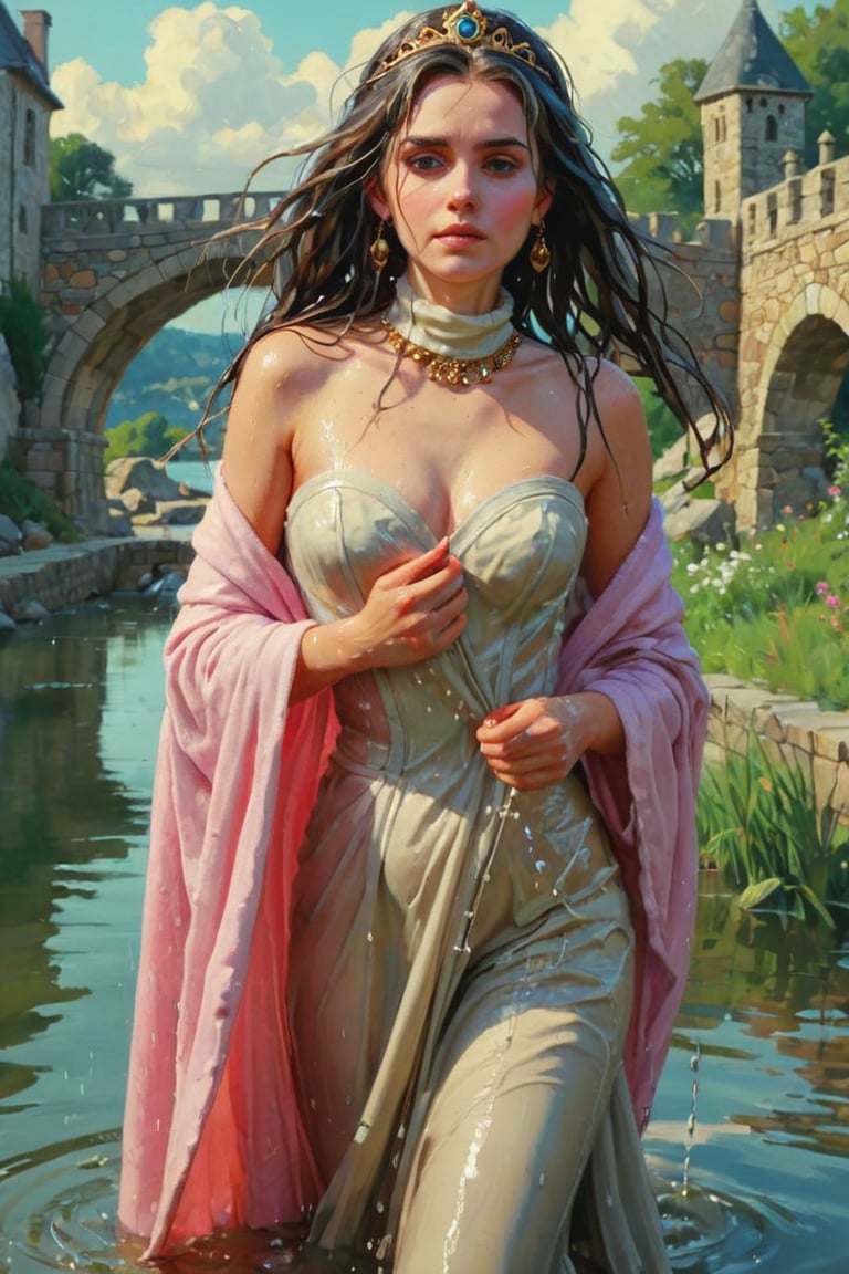 feforrest, otoko no ko, beret, pink capelet,(Analog style),turtleneck, masterpiece, best quality, ((wet robe)), choker,(corset), stone bridge, lake,crown, white ((wet ornate ballgown)), windswept amazing wet long hair,4k,( bokeh),absurdres, professional majestic oil painting by Ed Blinkey, Atey Ghailan, Studio Ghibli, by Jeremy Mann, Greg Manchess, Antonio Moro, trending on ArtStation, trending on CGSociety, trending on deviantart, Intricate, High Detail, Sharp focus, dramatic, photorealistic painting art , Greg Rutkowski,(concept art from tangled),((beautiful faces, soakingwetclothes, wet clothes, wet hair, wet skin, :1.3)),soakingwetclothes,, wet skin, wet face, wet robe,, face focused
,soakingwetclothes,art_booster,indian,OnlySaree_Style,saree,saree influencer