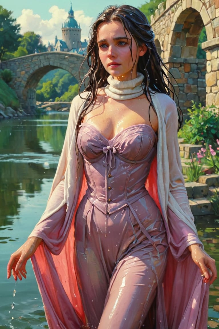 feforrest, otoko no ko, beret, pink capelet,(Analog style),turtleneck, masterpiece, best quality, ((wet robe)), choker,(corset), stone bridge, lake,crown, white ((wet ornate ballgown)), windswept amazing wet long hair,4k,( bokeh),absurdres, professional majestic oil painting by Ed Blinkey, Atey Ghailan, Studio Ghibli, by Jeremy Mann, Greg Manchess, Antonio Moro, trending on ArtStation, trending on CGSociety, trending on deviantart, Intricate, High Detail, Sharp focus, dramatic, photorealistic painting art , Greg Rutkowski,(concept art from tangled),((beautiful faces, soakingwetclothes, wet clothes, wet hair, wet skin, :1.3)),soakingwetclothes,, wet skin, wet face, wet robe,, face focused
,soakingwetclothes,art_booster,indian,OnlySaree_Style,saree,saree influencer