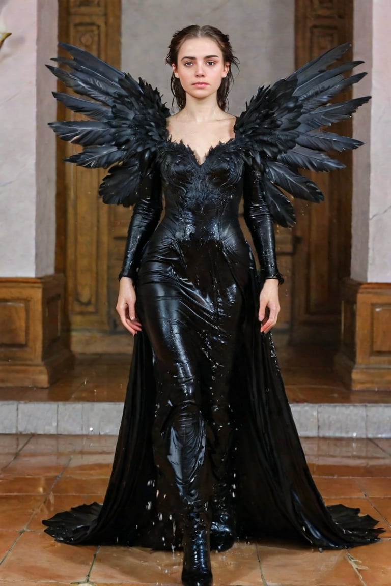 A girl wearing a long black wedding dress, church, baroque style, detailed feathers, huge wings, full body, big scene, super realistic, boots , soakingwetclothes, wet clothes, wet hair, wet skin, wet, soaked , wet face.face focused