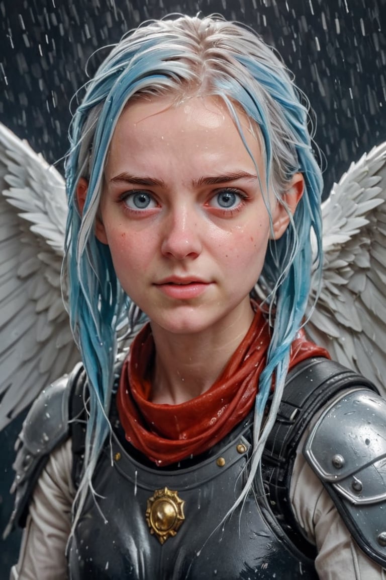 Heavy raining, An concept art of a ethereal wet gothic irish,, 50 mm lens ,,4k,ultra detailed, best quality, masterpiece, 18yo 1girl, ((Full body armor,complex multi-layered cotton armor, cotton scale armor, many complex cotton armor elements, ultra light tight armor, no helmet, insane detail full leg armor)) ((( huge long wings ,1black other is white:1.5)))blue hair,diagonal bangs,french braid,hime_cut,long hair,red neckerchief,canine teeth

 (Beautiful and detailed eyes),
Detailed face, detailed eyes, double eyelids, real hands, ((short hair with long locks:1.2)), ,meteor shower black background,
,,Realistic.,, ,soakingwetclothes, wet clothes, wet hair, wet,,3/4 body image ,wet cloths cling to body