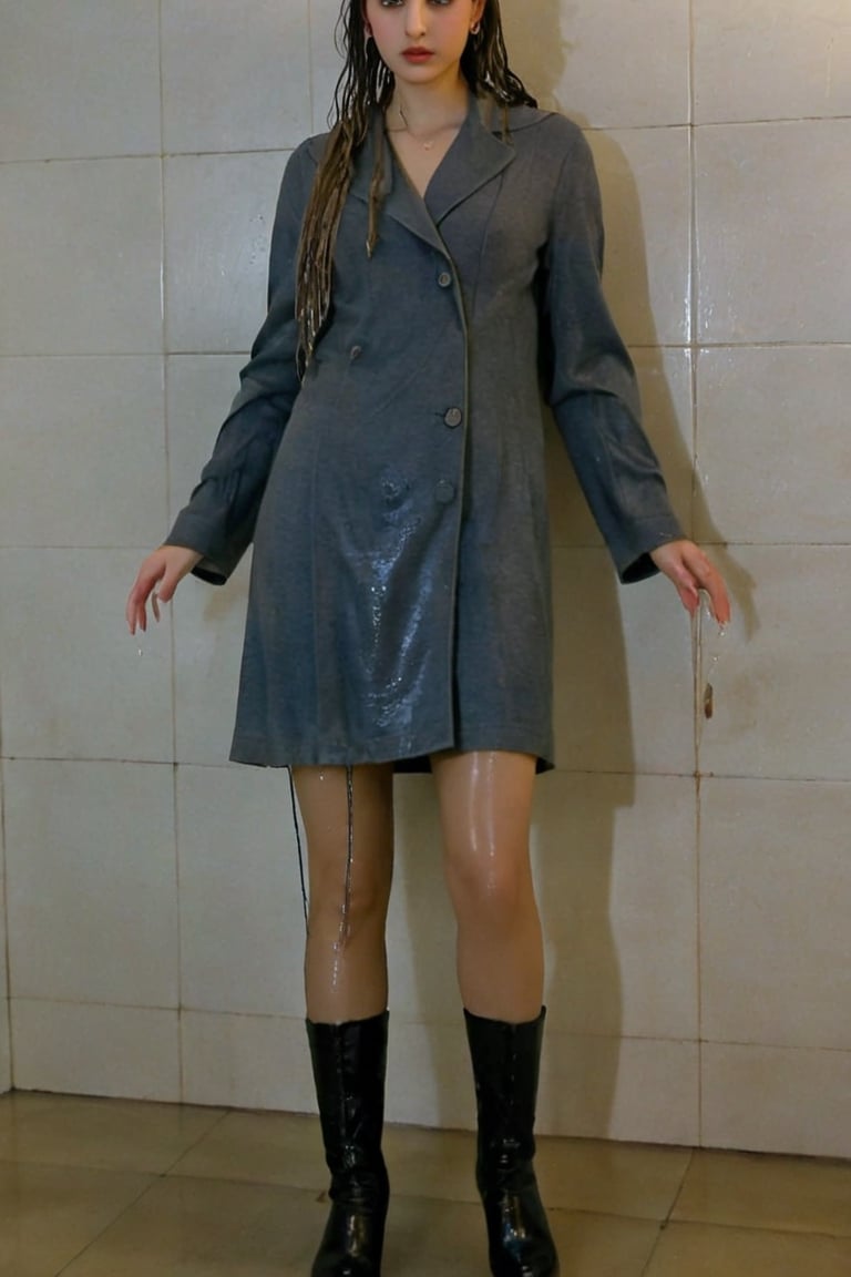 xxmixgirl, 1 woman, detailed face, detailed indoor background, standing in the room, completely wet, wet hair, dramatic lighting by Bill Sienkiewicz, 1940s tight fitting winter longskirt, wool pantyhose, furcoat, boots, wet clothes, heavy rain,tiedbreastsblue, wet clothes, wet hair, wet , ,Pakistani dress