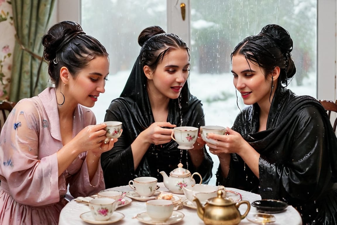 Captured in a single take with a real 50mm lens, this stunning photo showcases four women gathered for an indoor tea party amidst a torrential downpour. Donning gothic peasant dresses and winter shawls, they sit amidst the chaos, their faces aglow as they engage in conversation over steaming cups and saucers. Water-drenched hair clings to their skin as oil glistens on wet clothes, while phones lay scattered around them, forgotten in the midst of laughter and connection. Each woman's face is a masterpiece, with beautiful detailed eyes, lips, and features that seem almost three-dimensional. Long eyelashes frame their gaze, which shines softly against the serene expression, like a work of art come to life. Every fold of their clothing, every glint of jewelry, and every detail of the background seems meticulously crafted, as if plucked from a painter's canvas. (((wet clothes, wet hair, wet skin, wet, soaked, clothes cling to skin:1.2)),soakingwetclothes