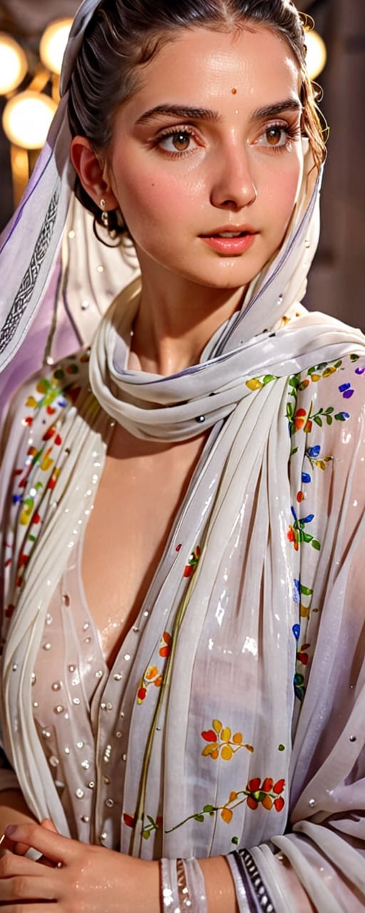 (best quality,8K,highres,masterpiece,raw image), ultra-detailed, featuring a beautiful young wet woman adorned in a realistic detailed wet designer  dress shirts shawl that emits a soft, ethereal light. Her flowy black chignon wet hair appears to be infused with the same radiant wet glow. eye contact,kind wet smile, lipgloss, The well lit backdrop consists of glowing grapes, colorful,colorful,soakingwetclothes,Pakistani dress