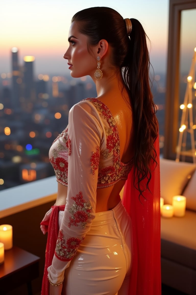 (Wet clothes, wet hair, wet skin:1.2) A sophisticated young woman with an elegant style, attending a high-end rooftop soirée. She is wearing a sleek white traditional saree with red embroidery, long sleeve embroidery blouse and, red shawl, stiletto heels, and diamond earrings.
The setting is a luxurious rooftop with a panoramic city view, sparkling lights in the background. The camera uses a close-up shot with a 70mm lens, highlighting the elegance of her attire and the shimmering skyline. The lighting is soft and golden, with the warm glow of the sunset reflecting off
her dress. The image is in 6K resolution, capturing the refined details of her outfit and the glamour of the evening event, ek_ph0t0_b00ster
,
,,Realistic.,, ,soakingwetclothes, wet clothes, wet hair, wet,,3/4 body image ,wet cloths cling to body,Wet,covered in oil,covered in mud,wam,wetlook, Fetishwet