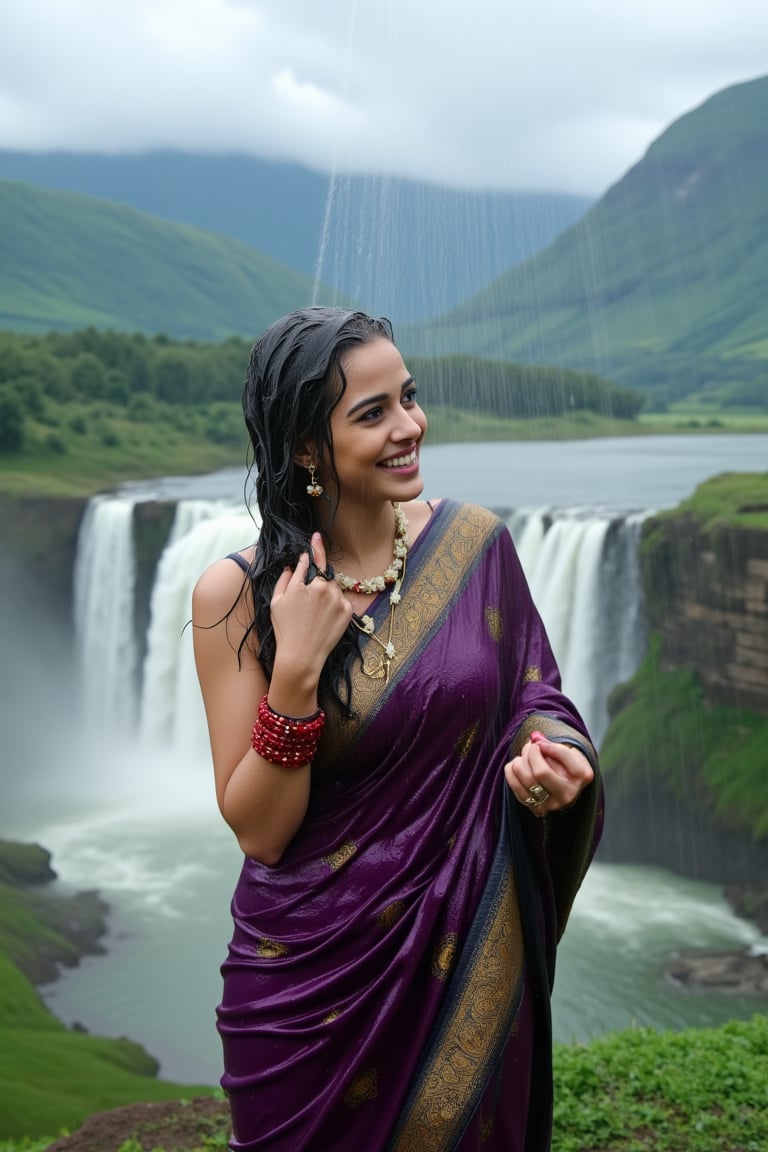 (wet clothes, wet hair, wet face, wet skin, slimed cloth, :1.4)

A smiling Norwegian woman is wearing a traditional Kanjivaram silk saree, completely drenched by the rain, as she stands at the edge of a majestic cliff, overlooking a roaring waterfall. The saree is a deep violet with an ornate gold border featuring lotus motifs. She has draped the saree over her left shoulder and wrapped it tightly around her right shoulder, holding it firmly as the wind sweeps through. Her accessories include red glass bangles, a gold ring, and a jasmine garland necklace, with her long, wet black hair adorned with jasmine flowers, blowing gently in the breeze. Behind her, the powerful waterfall cascades down into a misty valley, surrounded by lush greenery and towering mountains. Rain pours down continuously, soaking both her and the landscape, with the wet saree clinging to her form and accentuating its rich, intricate designs. The dramatic lighting enhances the natural beauty of the scene, while the roar of the waterfall and the misty air create a sense of awe and serenity..

. 

 Close-up shot, 4K, RAW, masterpiece, soakingwetclothes, wetlook, high definition, luxury wet fashion photography, professional news studio atmosphere.,Fetishwet,Enhanced all,Wetfetish