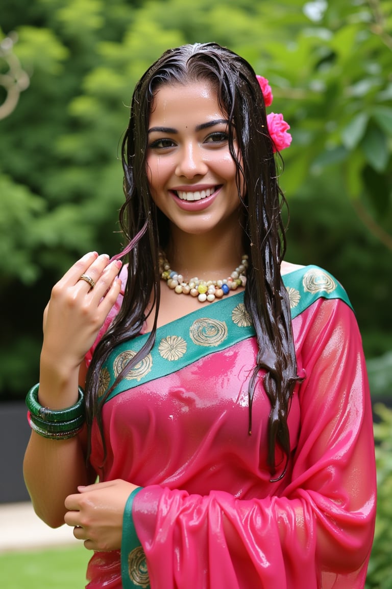 (wet clothes, wet hair, wet face, wet skin, slimed cloth, :1.4)

A soking wet woman smiling while wearing a wet traditional Indian saree. The wet saree is a rich pink color with a teal green border featuring peacock motifs in gold. The wet woman is accessorized with green glass bangles, a gold ring, and a floral necklace. She has long, wavy wet black hair adorned with wet pink flowers on the side. The background is a lush, green outdoor setting with trees and soft natural lighting, creating a serene and vibrant atmosphere.

. 

 Close-up shot, 4K, RAW, masterpiece, soakingwetclothes, wetlook, high definition, luxury wet fashion photography, professional news studio atmosphere.,Fetishwet,Enhanced all,Wetfetish