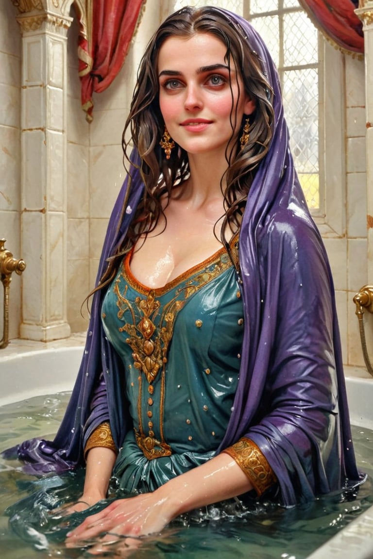 masterpiece, best quality, ultra high resolution, visually stunning, beautiful, award-winning art (abstract art: 1.3), beautifulA anime a very beutifful female medieval warhammer style noble smile,, Watercolor, trending on artstation, sharp focus, Indoor photo, white tiles background, intricate details, highly detailed, by greg rutkowski ,more detail XL, shawl,   wet hair, (bathing in royal bathroom), ((wet clothes, victorian ballgown, ,((heavy rain, beautiful faces, soakingwetclothes, wet clothes, wet hair, wet skin, clothes cling to skin, submerged in tub:1.3)),soakingwetclothes,, wet skin, wet face, wet robe,, face focused , soakingwetclothes,art_booster,indian,OnlySaree_Style,,hoopdress,Pakistani dress,saree,saree influencer,saree model