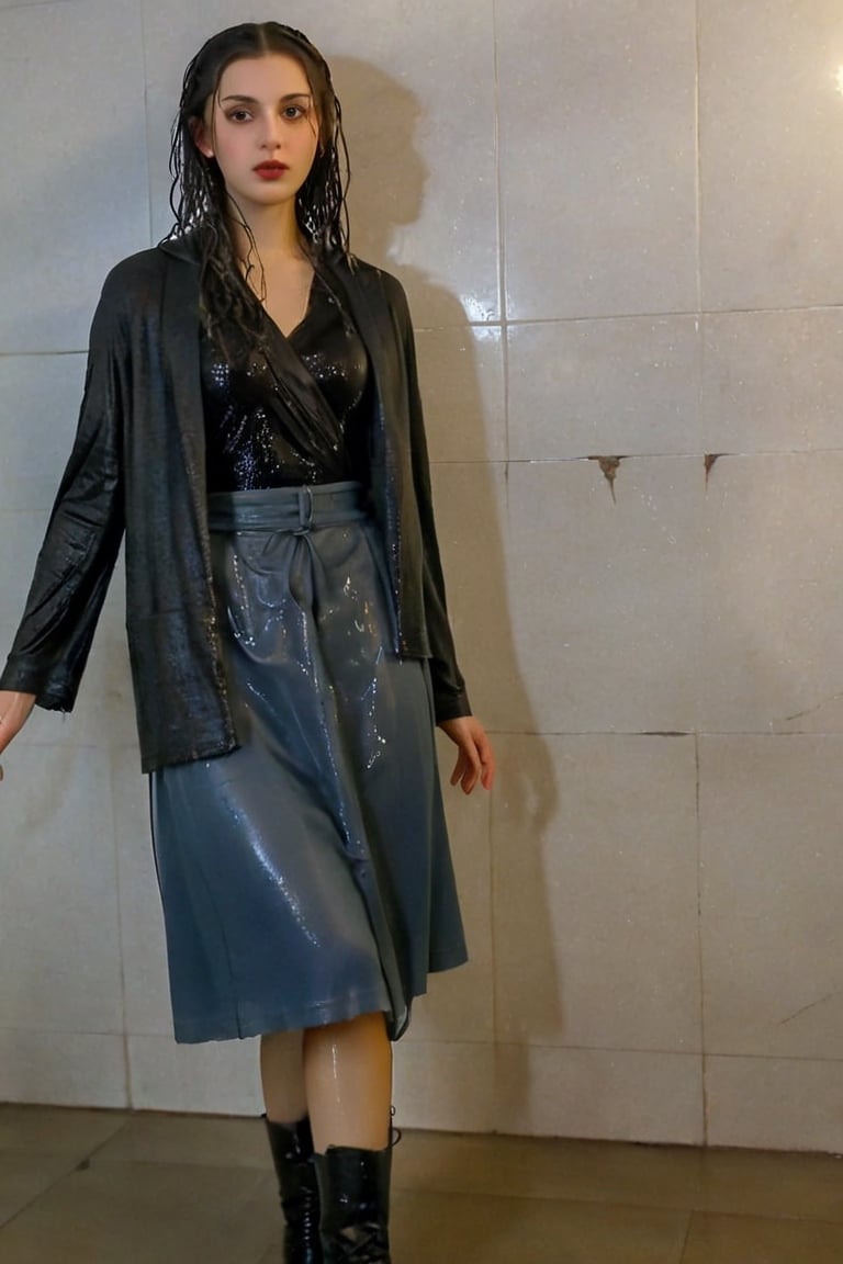 xxmixgirl, 1 woman, detailed face, detailed indoor background, standing in the room, completely wet, wet hair, dramatic lighting by Bill Sienkiewicz, 1940s tight fitting winter longskirt, wool pantyhose, furcoat, boots, wet clothes, heavy rain,tiedbreastsblue, wet clothes, wet hair, wet , ,Pakistani dress