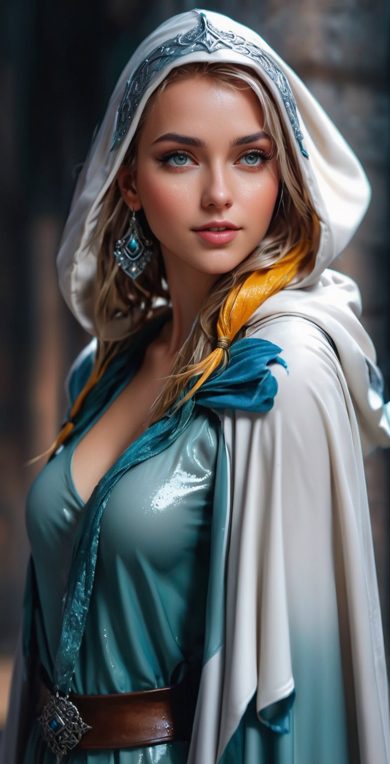 An concept art of an ethereal wet elf lady dressed in wet Renaissance court dress cape, (RAW photo, best quality), (realistic, photo-Realistic:1.1), best quality, masterpiece, beautiful and aesthetic, 16K, (HDR:1.2), high contrast, (vibrant color:1.3), (muted colors, dim colors, soothing tones:0), cinematic lighting, ambient lighting, sidelighting, Exquisite details and textures, cinematic shot, Warm tone, (Bright and intense:1.1), wide shot, by xm887, ultra realistic illustration, siena natural ratio, (random view:1.4), (random poses:1.4), Dark wet blonde long bob cut with blunt bangs, (a shy smile:1.4), white bracelet, wearing a wet white winter jacket and scarf, wet white fur hat, a beautiful German wet girl with a tattoo, gray eyes, a small earrings, ultra hd, realistic, vivid colors, highly detailed, UHD drawing, pen and ink, perfect composition, beautiful detailed intricate insanely detailed octane render trending on artstation, 8k artistic photography, photorealistic concept art, soft natural volumetric cinematic perfect light. knight,soakingwetclothes, wet clothes, wet hair, wet skin, wet face,, face focused, skin pores