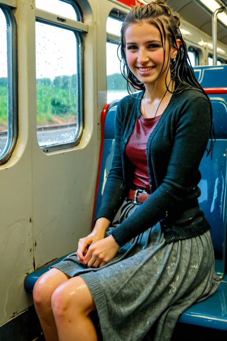 A emo girl, beautiful face, wet face, sitting in the train with spred legs and a window behind her, rushhour public, completly soaked wet, wool wool cardigan, belt, longskirt,, wet hair, smile, wet skin, soakingwetclothes, wet clothes, wet, soaked