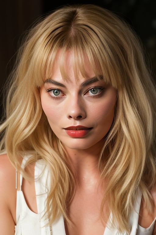 Margot Robbie is Beautiful, (Hairstyle with bangs) , ((24 years old) ) pretty face,Detailedface, yellow hair (()) ((4k detailed eyes))
((detailed real face)) (red lips) 